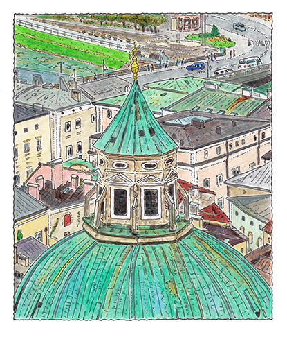 Norbert Trummer, Die Vierungskuppel des Doms, Tintenstift und Buntstifte auf Papier, Salzburg Museum (Dauerleihgabe Salzburger Museumsverein)