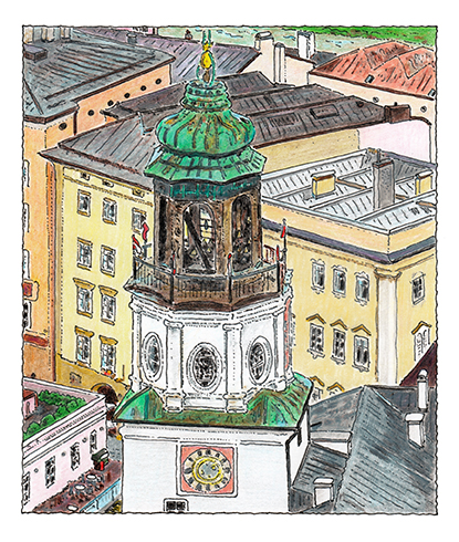 Norbert Trummer, Der Turm der Neuen Residenz mit dem Glockenspiel, Tintenstift und Buntstifte auf Papier, Salzburg Museum (Dauerleihgabe Salzburger Museumsverein)