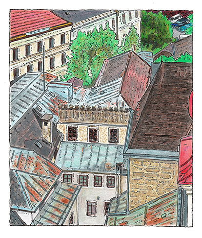 Norbert Trummer, Stift Nonnberg, Tintenstift und Buntstifte auf Papier, Salzburg Museum (Dauerleihgabe Salzburger Museumsverein)