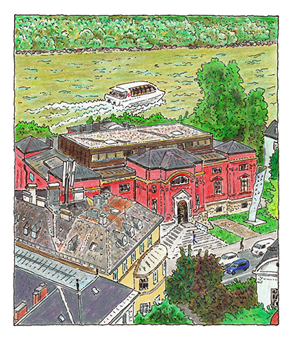 Norbert Trummer, Künstlerhaus an der Hellbrunner Straße mit Schiff "Amadeus", Tintenstift und Buntstifte auf Papier, Salzburg Museum (Dauerleihgabe Salzburger Museumsverein)