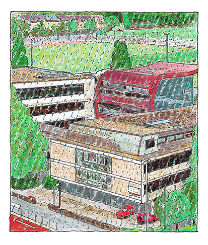 Norbert Trummer, Akademiestraße, Tintenstift und Buntstifte auf Papier, Salzburg Museum (Dauerleihgabe Salzburger Museumsverein)