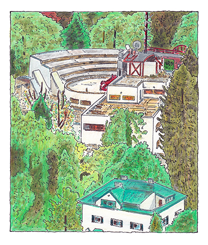 Norbert Trummer, ORF-Landesstudio in der Nonntaler Hauptstraße, Tintenstift und Buntstifte auf Papier, Salzburg Museum (Dauerleihgabe Salzburger Museumsverein)
