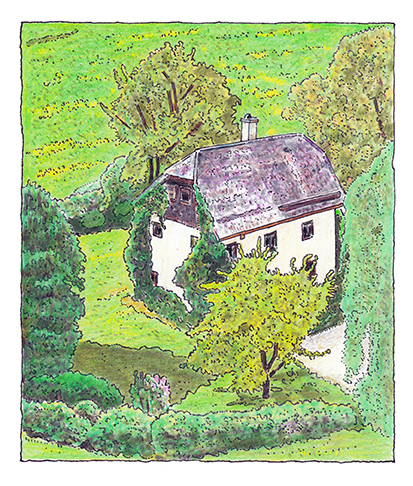 Norbert Trummer, Das seit Sattlers Zeiten fast unveränderte sogenannte Krautwächterhaus, Tintenstift und Buntstifte auf Papier, Salzburg Museum (Dauerleihgabe Salzburger Museumsverein)