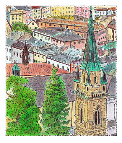 Norbert Trummer, Der Turm der Franziskanerkirche, Tintenstift und Buntstifte auf Papier, Salzburg Museum (Dauerleihgabe Salzburger Museumsverein)
